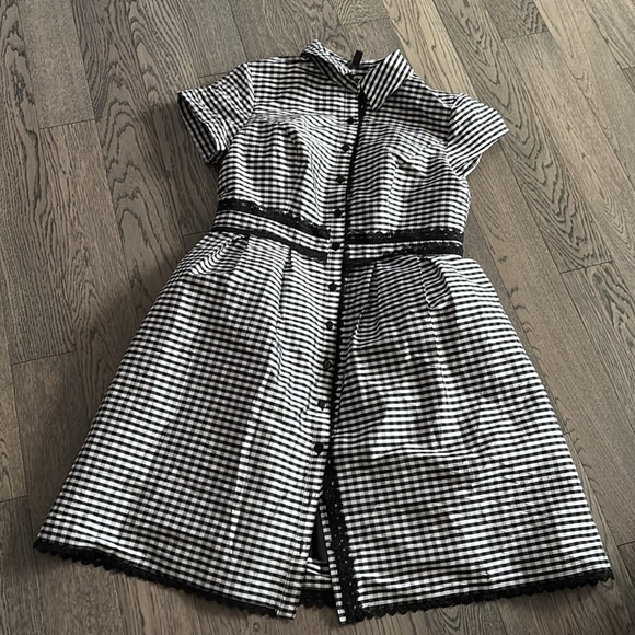 Adrianna Papell | Gingham Tafetta Lace Trim Collared Shirt Midi Dress - Picture 6 of 16